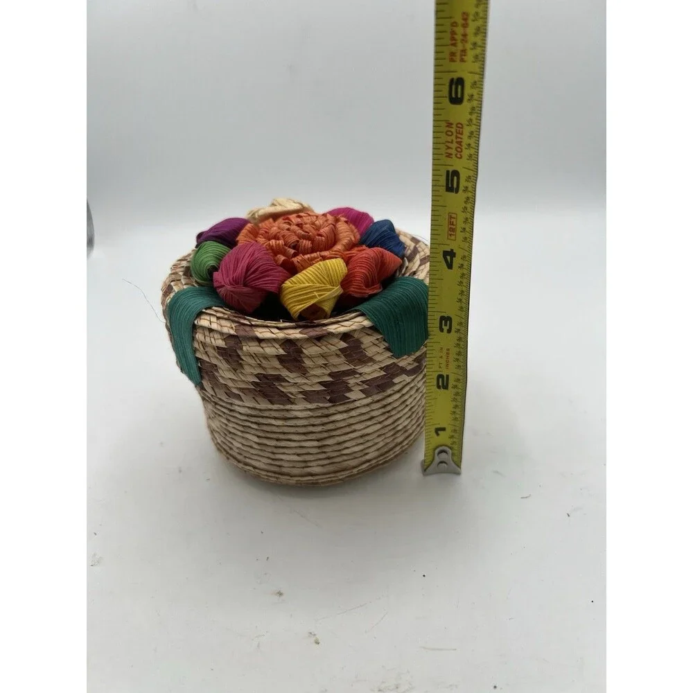 Mexican Tenate Woven Basket Trinket Box Raffia Flower Lid 4.5” Folk Art